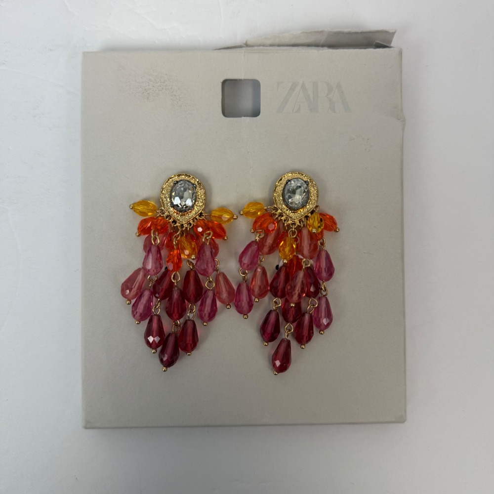 Zara Womens Multicolor Beaded Chandelier Statement Earrings Gold Tone Crystal